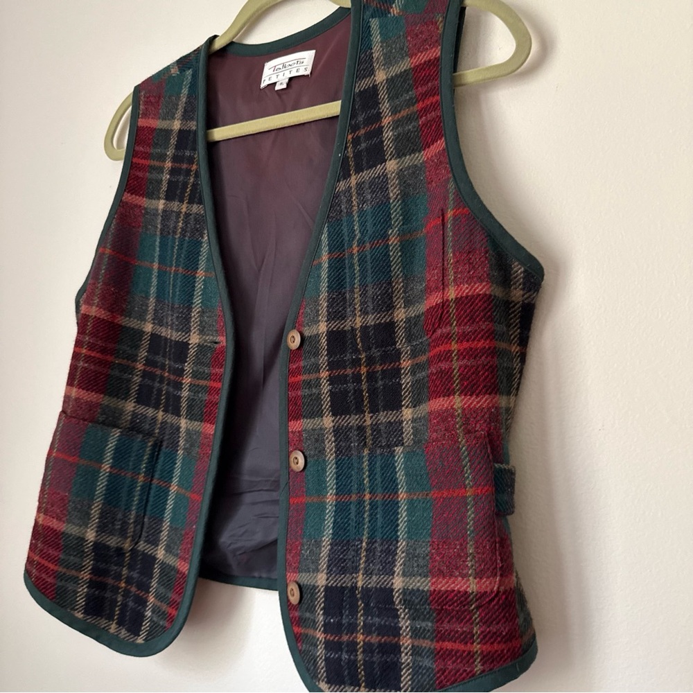 Vintage 90s Talbots Petites 100% Wool Vest in Green Plaid, Size S Petite - Picture 6 of 16